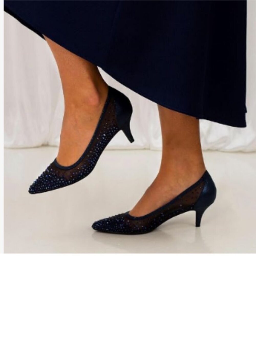 XYD Navy Pointed Closed Toe Slip On Graceful Mesh Pumps Rhinestone Shoes
